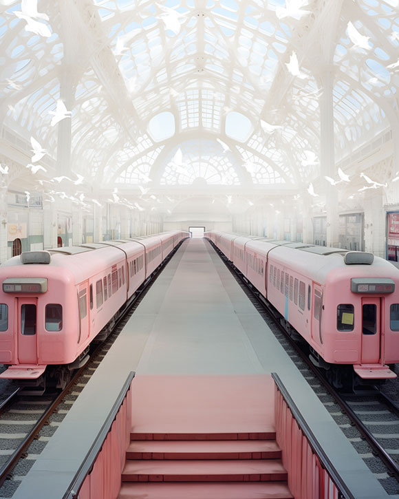 Kép a Zugló vasútállomás belsejéről, egy nyugodt és tágas tér, ahol a napfény árad be a díszes, fehér rácsos mennyezeten keresztül, lágy árnyékokat vetve. Az állomás üres, a vágányokon pasztell rózsaszín vonatok láthatók.