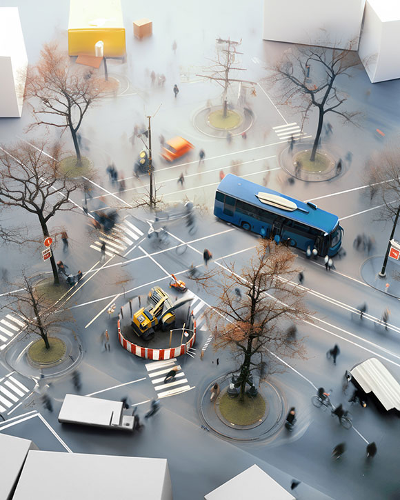 Madártávlatból készült kép a Tisza István téri kereszteződésről, mozgásban lévő járművekkel és járókelőkkel. A jelenetben az átkelés kaotikussága és a rendszeres felújítások okozta lezárások láthatók.