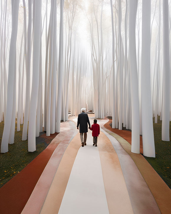 A kép az újpalotai kiserdőt ábrázolja. Egy békés erdei ösvény, hosszú, karcsú fehér fákkal, amelyeket lágy köd vesz körül. A képen egy nagypapa és unokája közös sétáját láthatjuk kézen fogva. 